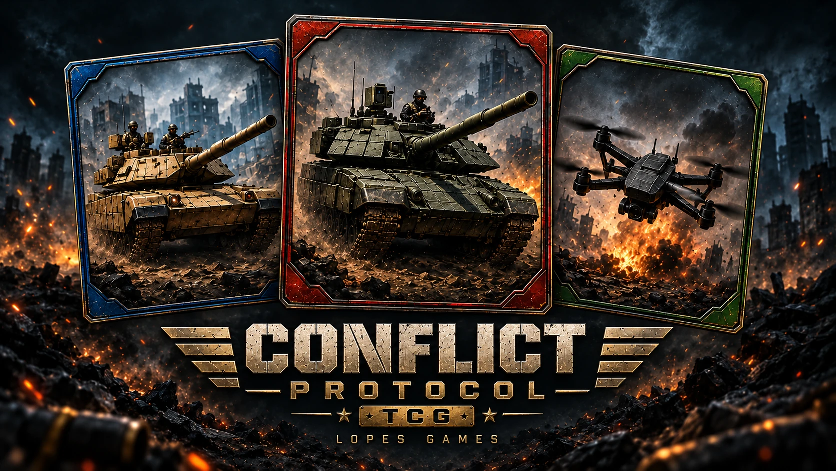 Conflict Protocol TCG promotional illustration with military cards and armored vehicles